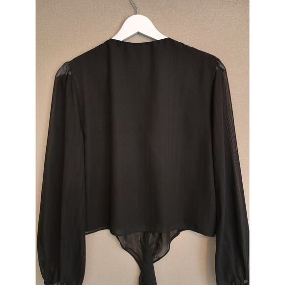 Wayf Blouse Women Small Black Chiffon Whimsy Goth Witchcore Tie Front Cropped - Picture 7 of 12
